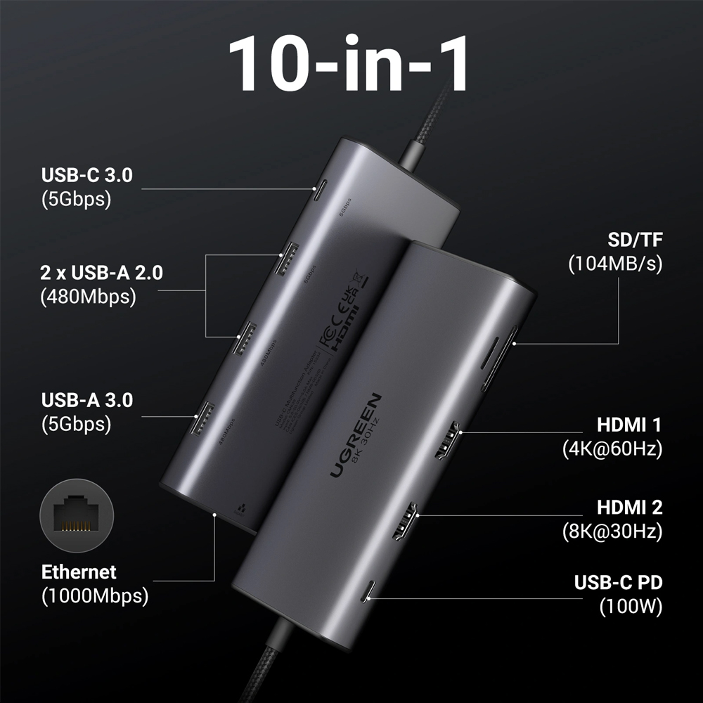 Ugreen hub 10in1 usb-c to 2*hdmi(8k@30hz)+usb-a3.0+usb-c3.0+2*usb-a2.0+sd/tf+gigabitrj45+pd(100w) | cm639, space gray Thumbnail 2