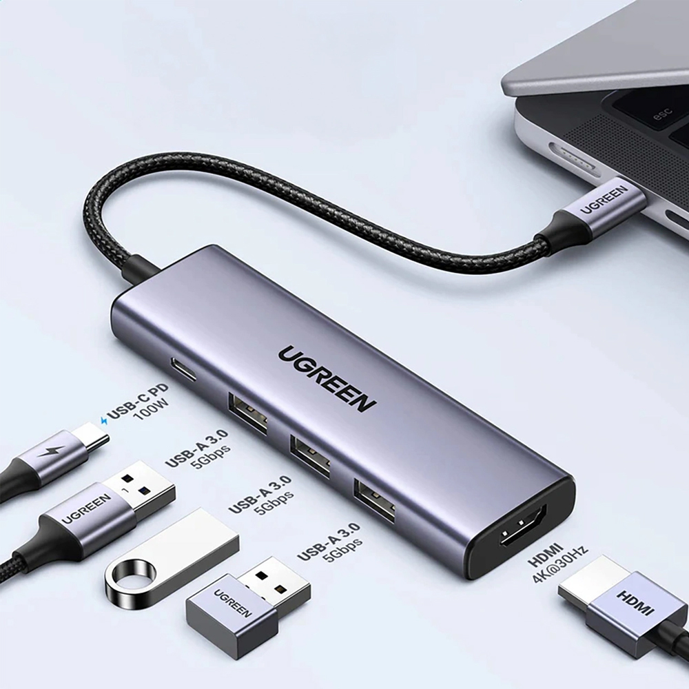 Ugreen hub 5in1 type-c to 3*usb 3.2 + hdmi 2.0 + sd card reader + tf card reader + usb type-c pd 100w | cm511, gray Thumbnail 2