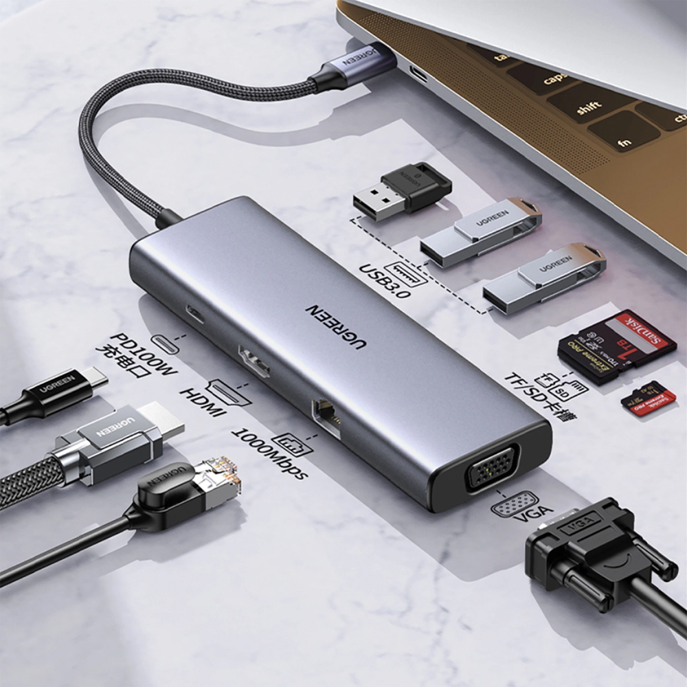 Ugreen hub 9in1 usb-c to hdmi (4k@60hz) + vga+ 3*usb-a 3.0 + gigabit rj45 +sd/tf + pd 100w | cm498, grey Thumbnail 2