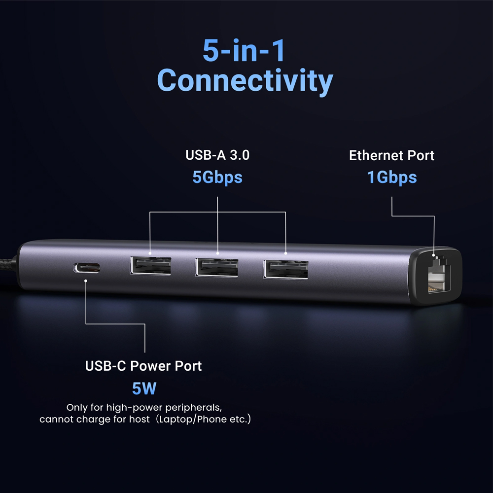 Ugreen hub usb-a 3.0 to 3*usb3.0+rj45 (1000m) ethernet adapter cm475, grey Thumbnail 2