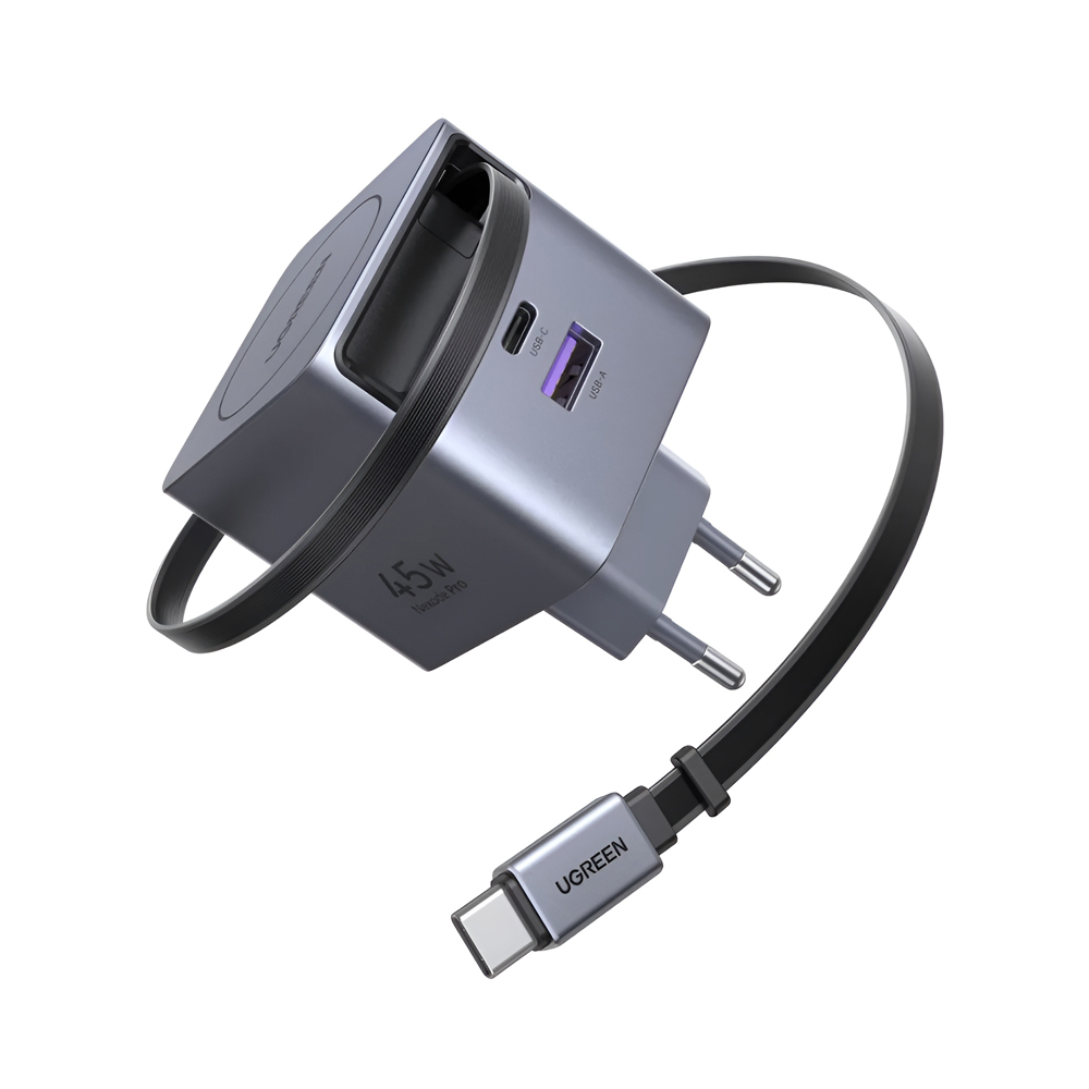 UGREEN GaN încărcător rapid 1*Type-C + 1*USB-A cu cablu tip C retractabil, 45W, negru X614
