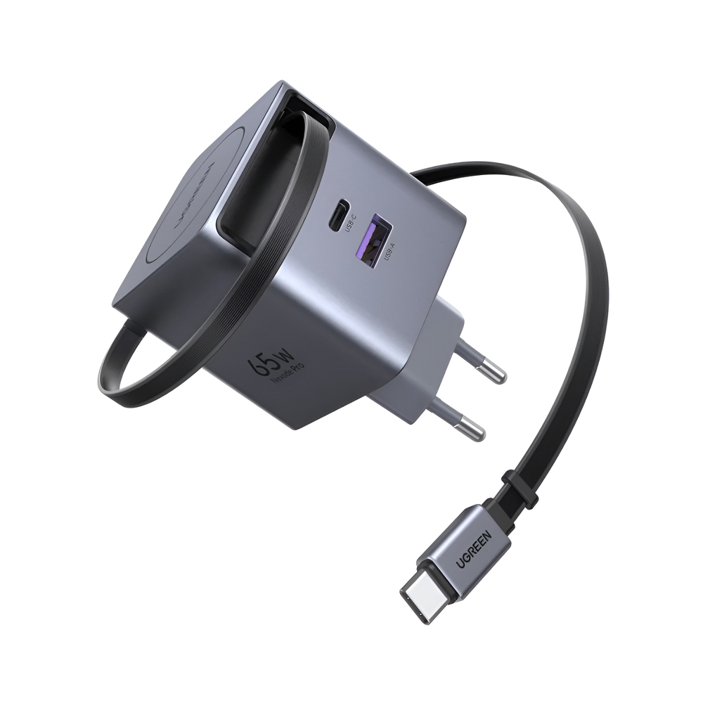 UGREEN GaN încărcător rapid 1*Type-C + 1*USB-A cu cablu tip-C retractabil, 65W, negru X615