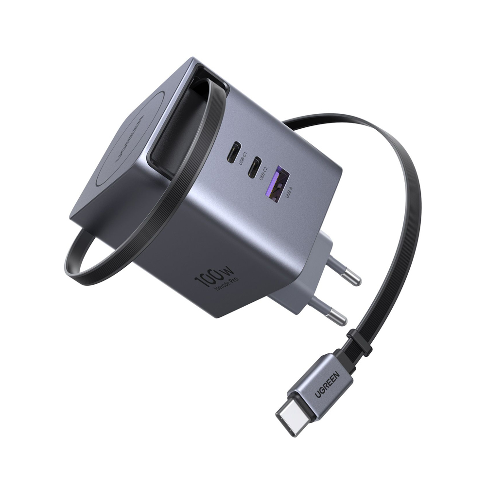 UGREEN GaN încărcător rapid 2*Type-C + 1*USB-A cu cablu tip C Retractabil, 100W, negru X616