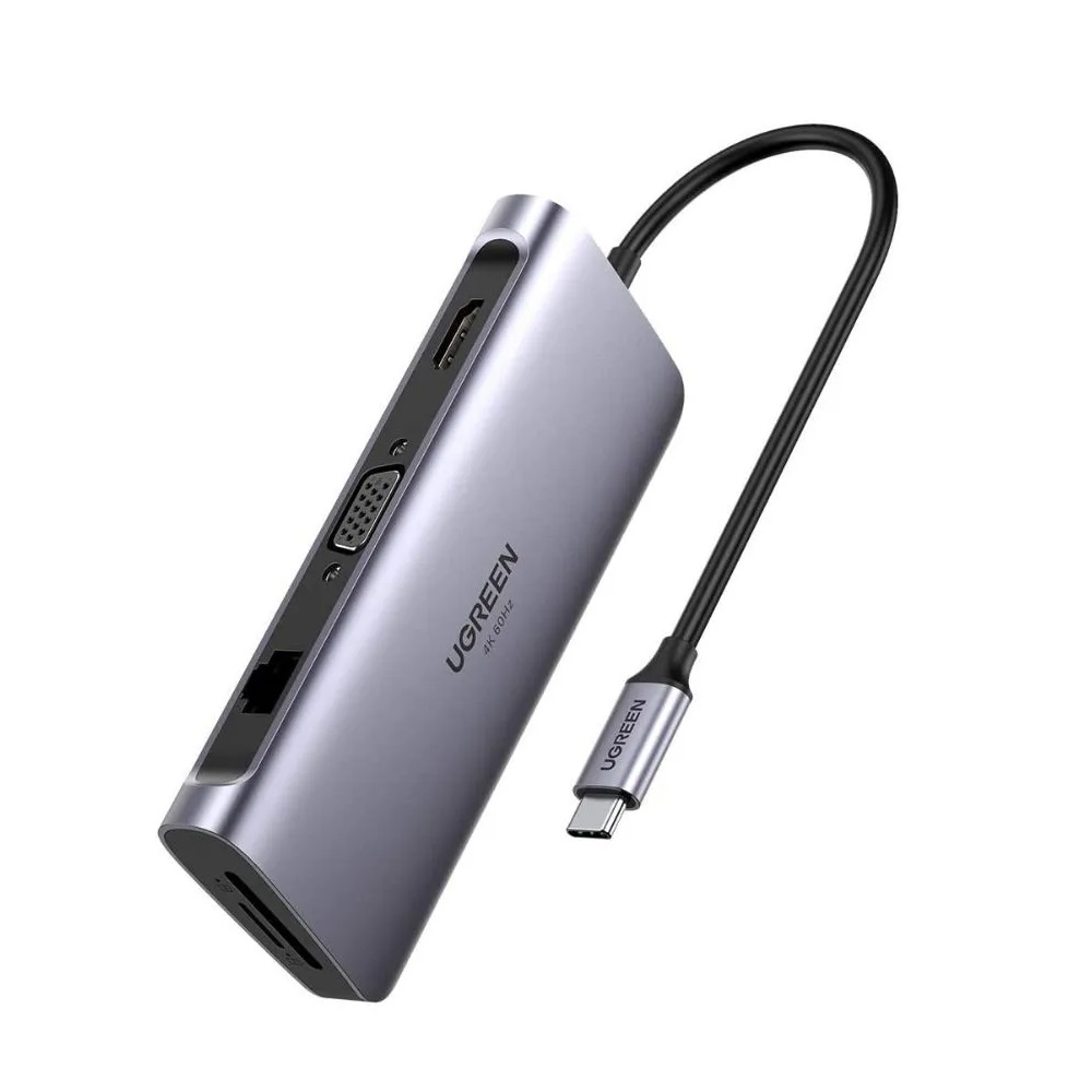 UGREEN HUB 10in1 Tip C 3.0-3*USB 3.0 + HDMI + VGA + Gigabit RJ45 +SD/TF + 3.5mm Audio PD 100W CM681, Space Gray