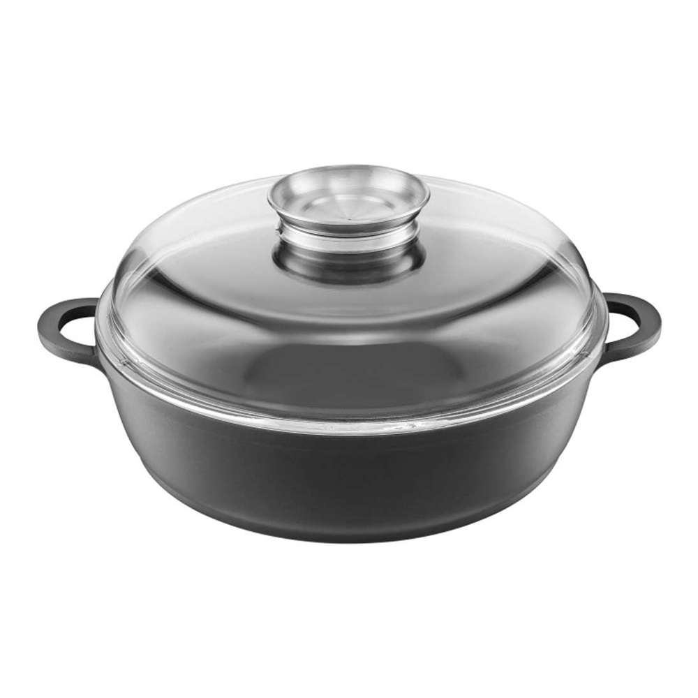 Ambition, Cast Aluminium Pot, Taurus, 28 Cm, Platinum Plus Coating, Aroma Knob, Cast Aluminium, Heat-Resistant Glass, Stainless Steel