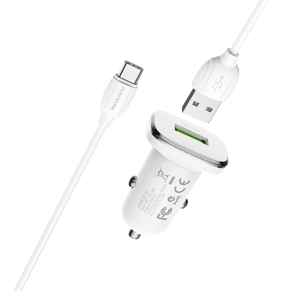 Încărcător auto Borofone USB QC3.0 18W (Cablu USB la MicroUSB) BZ12A Ultimare, alb