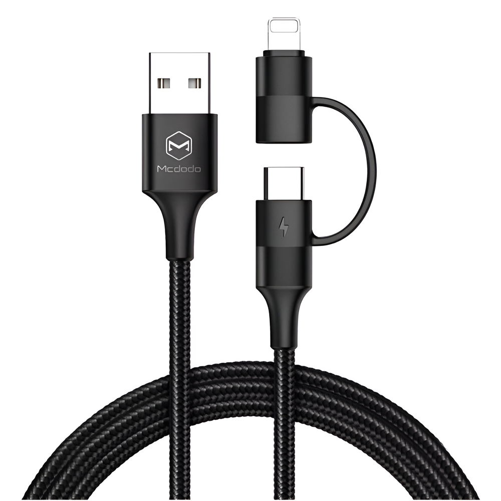 Mcdo Cable Atom Series 2 in 1 USB-A to Lightning+Type-C with LED 2.4A 1.2m, Black