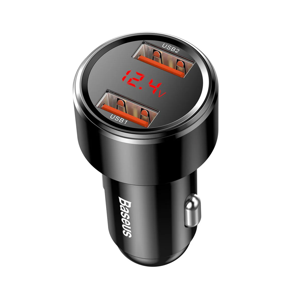 Încărcător auto Baseus 1*USB-A+1*USB-A 45W, Seria Magic, Display digital, Black