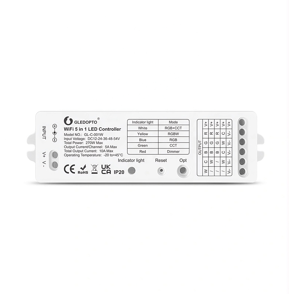 Gledopto Tuya WiFi 5-in-1 LED strip controller, DC12~54V, max 10A load(GL-C-001W)