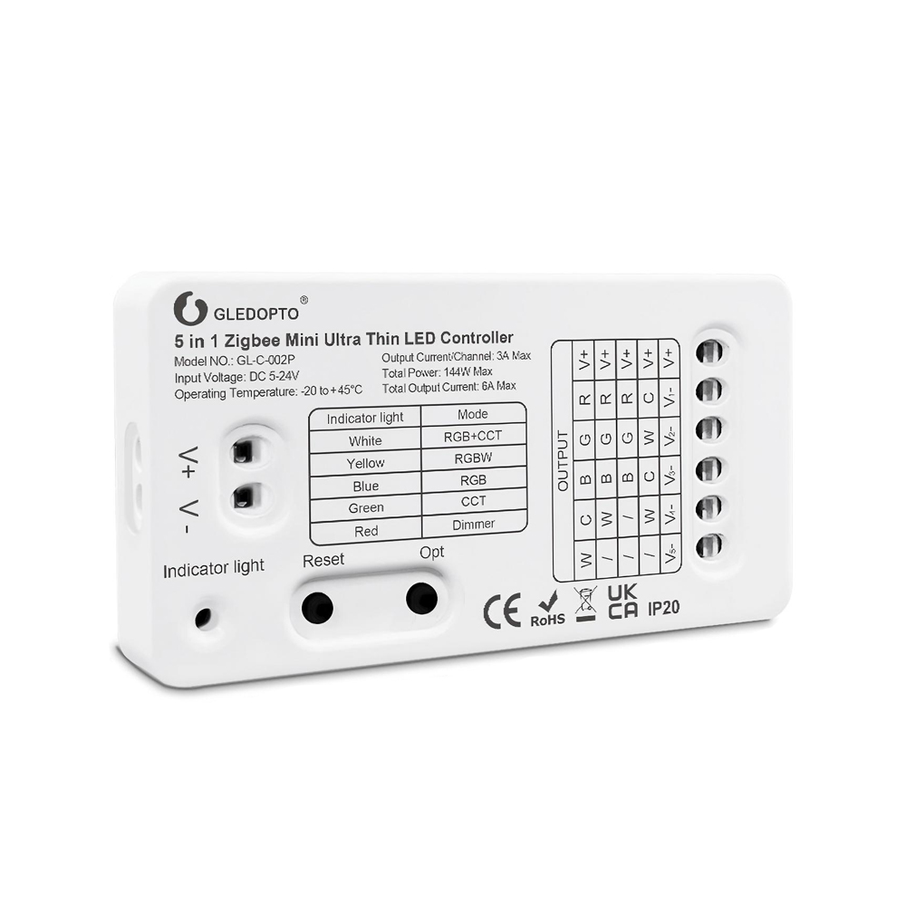 Gledopto ZigBee Pro Ultra Thin Mini 5in1 LED Controller Strip CCT/RGB/RGBW/RGBCCT/Single Color (GL-C-002P(6A/CH)), DC5~24V, 6A/CH, max 144W