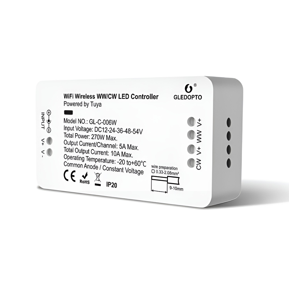 Gledopto Tuya WiFi WW/CW LED strip controller, DC12~54V, max 15A load(GL-C-006W)
