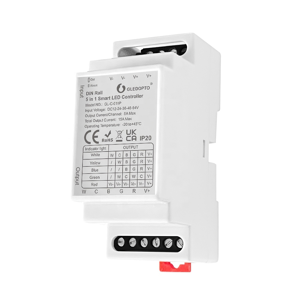 Gledopto ZigBee Pro Din-rail 5in1 LED Controller Strip CCT/RGB/RGBW/RGBCCT/Dimmer (GL-C-011P), DC 12-54V, max 15A putere, 36x59x91mm