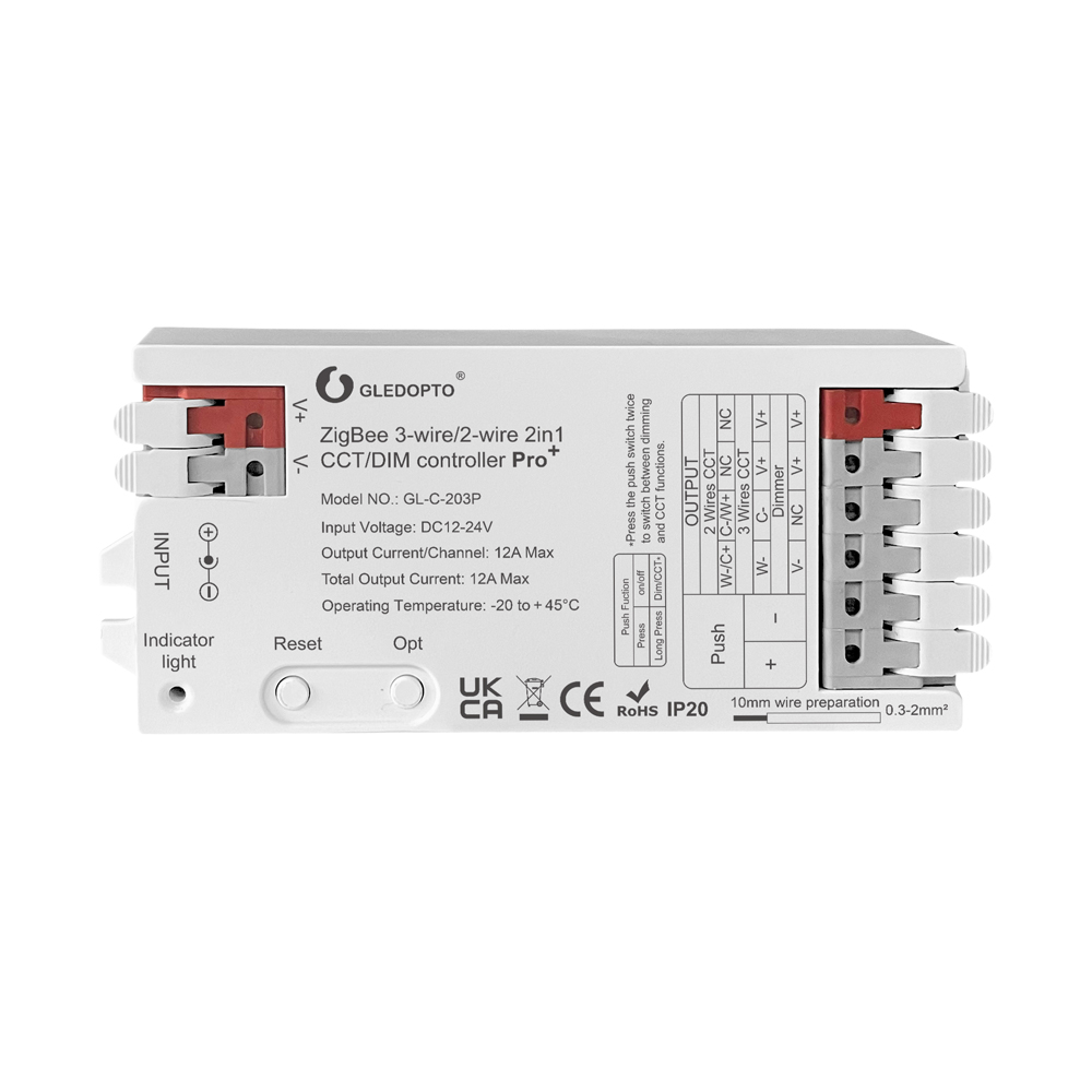 Gledopto ZigBee Pro+ 2-wire/3-wire 2-in-1 CCT/DIM LED controller, DC12~24V, 12A/CH, max 12A output(GL-C-203P)