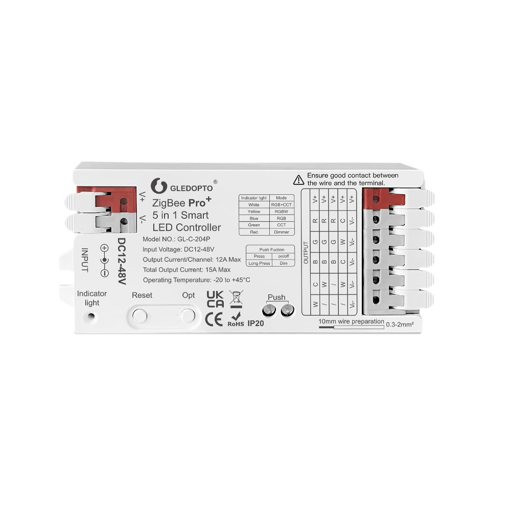 Gledopto ZigBee Pro+ 5in1 LED Controller CCT/RGB/RGBW/RGBCCT/Single Color (GL-C-204P), DC12~48V, 12A/CH, max 15A