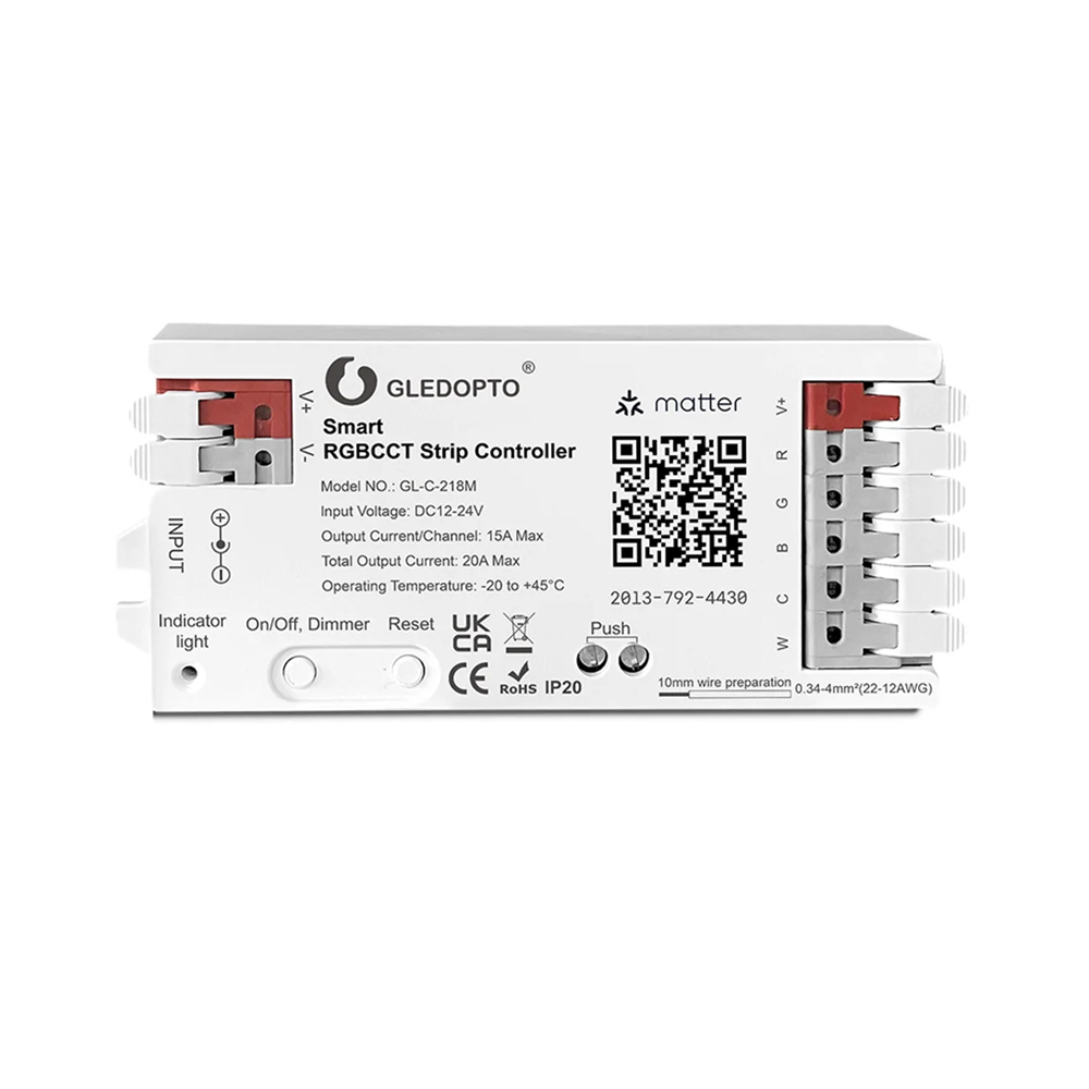 Gledopto Matter over WiFi Smart LED Controller RGB+CCT (GL-C-218M), input DC12~24V, Output 15A/CH, max 20A în total, suportă PUSH dimming.