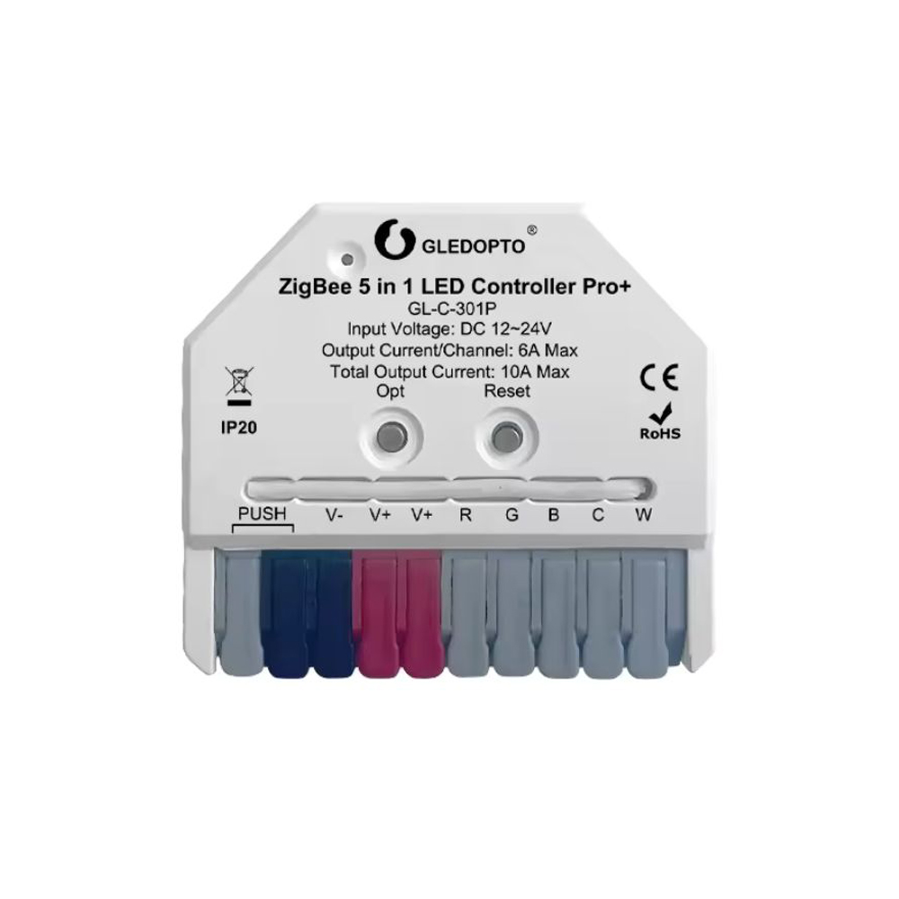 Gledopto ZigBee Pro+ 5in1 Ultra mini LED Controller CCT/RGB/RGBW/RGBCCT/Single Color (GL-C-301P), DC12~24V, 6A/CH, max 10A putere