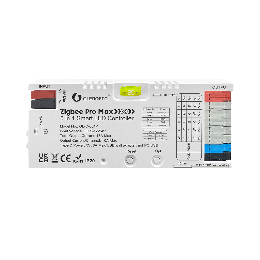Gledopto ZigBee Pro Max 5in1 LED Controller CCT/RGB/RGBCCT/Single Color (GL-C-601P), Push Switch, DC5~24V, 10A/CH, total max 15A
