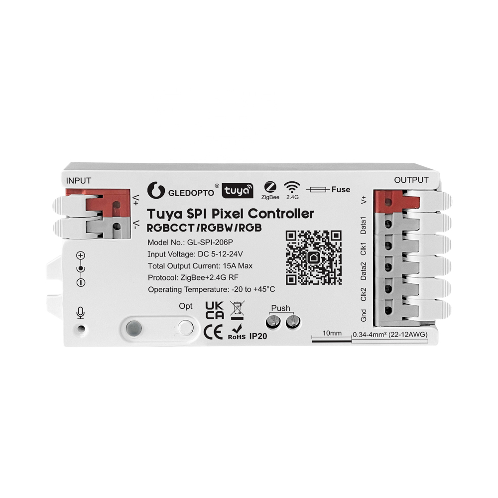 Gledopto Tuya ZigBee Pixel LED controler RGB/RGBW/RGBCCT (GL-SPI-206P), DC5~24V, 2*Channels, semnal de ieșire SPI (TTL)×2 800Kbs, ieșire totală max 15A