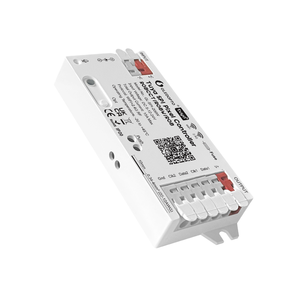 Gledopto Tuya Wi-Fi Pixel LED controler RGB/RGBW/RGBCCT (GL-SPI-206W), DC5~24V, 2*Channels, semnal de ieșire SPI (TTL)×2 800Kbs, ieșire totală max 15A