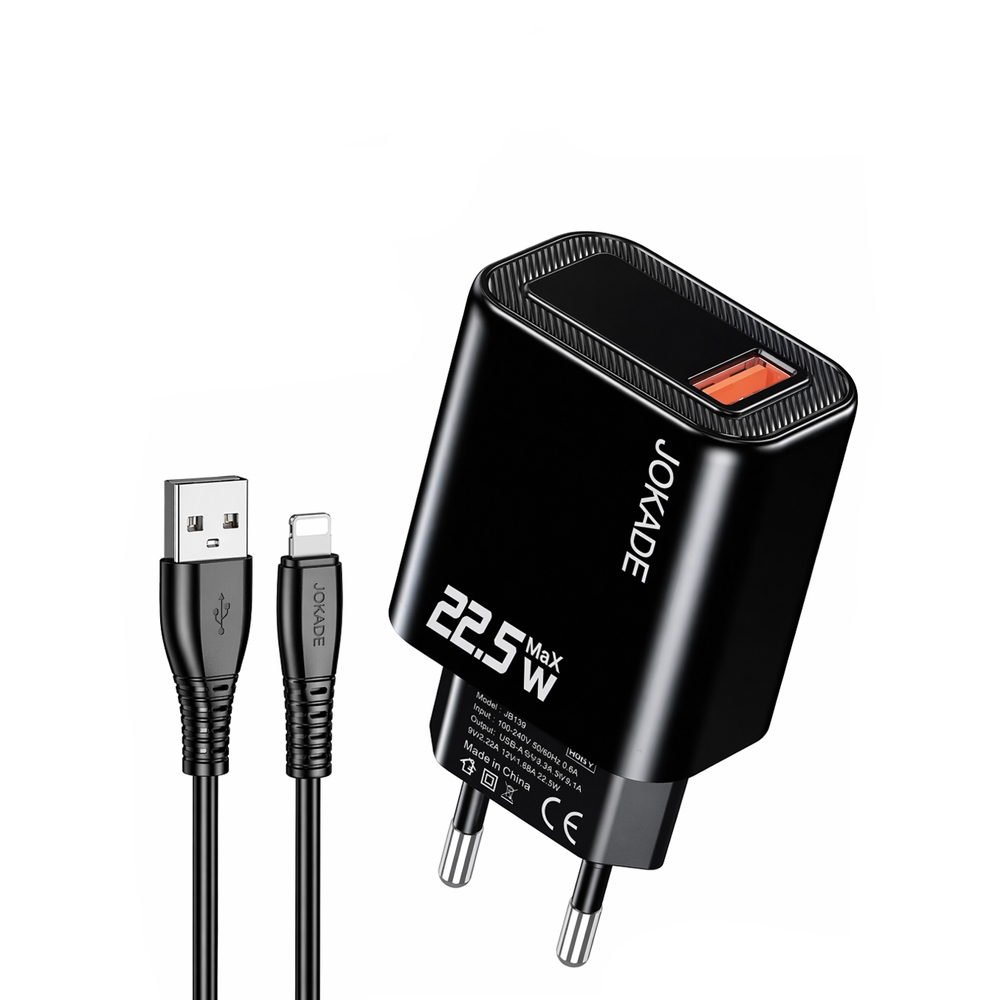 Jokade Wall Charger 1*USB-A with Cable USB-A to Lightning 22,5W Max JB139, Black