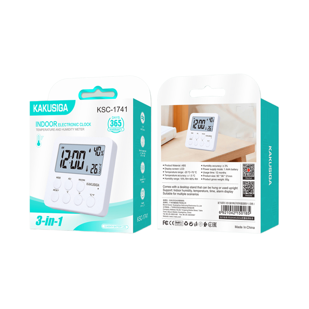 Kaku 3-in-1 indoor digital clock & hygrometer, white Thumbnail 2