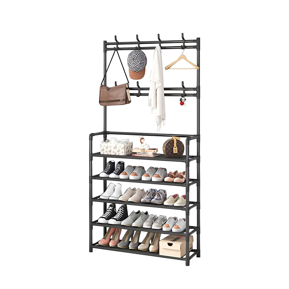 Organizați-vă intrarea cu 5-Tier Shoe Rack și Hanger, deține până la 20 perechi de pantofi. (Negru, 5-Tier)