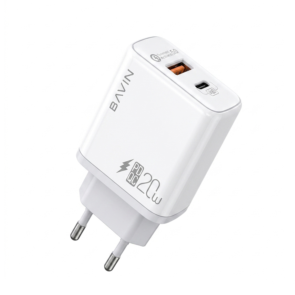 BAVIN Wall Charger USB/Type-C PD, QC3.0 20W, White