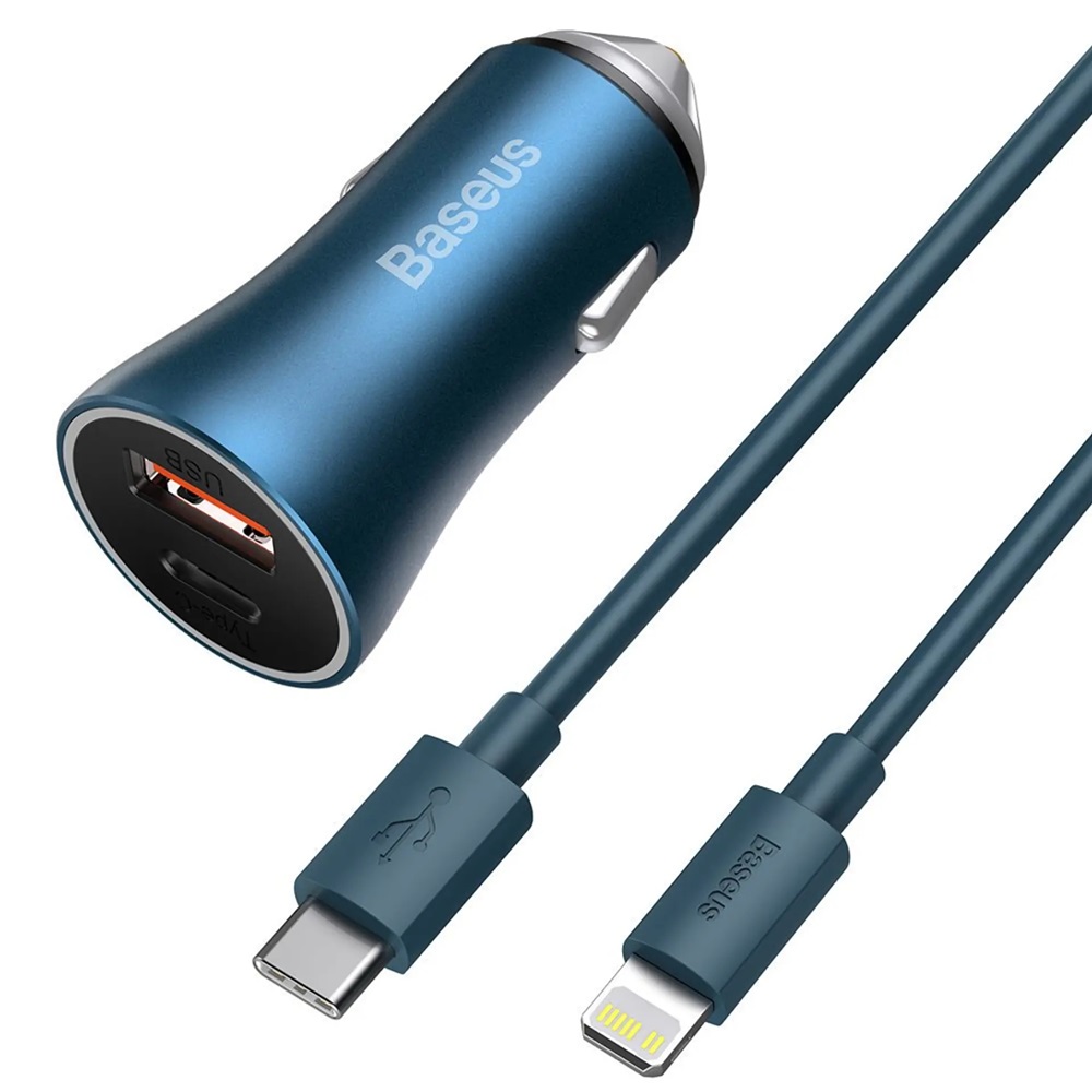 Încărcător auto Baseus USB/Type-C Dual Quick Charger 40W (cu Baseus Cablu tip C la Fulger 1m), albastru