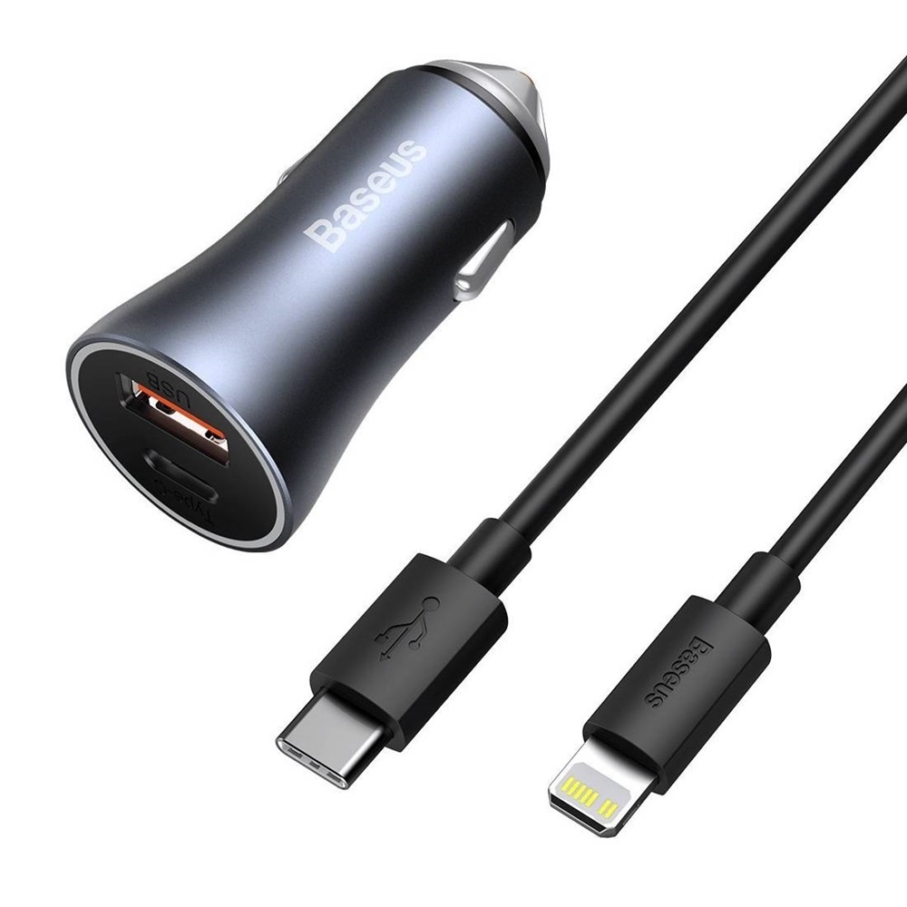 Încărcător auto Baseus USB/Type-C Dual Quick Charger 40W (cu Baseus Cable Tip-C la Lightning 1m), gri
